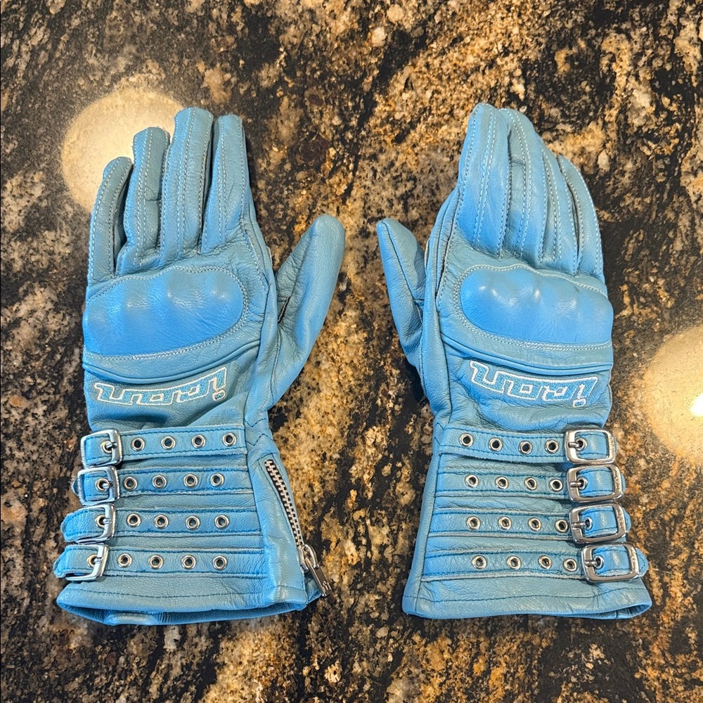 ICON Sky Blue Leather Riding Gloves